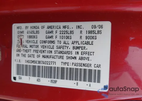 2007 Honda Accord 2.4 Se z USA, uszkodzony, nr VIN 1HGCM56387A022771